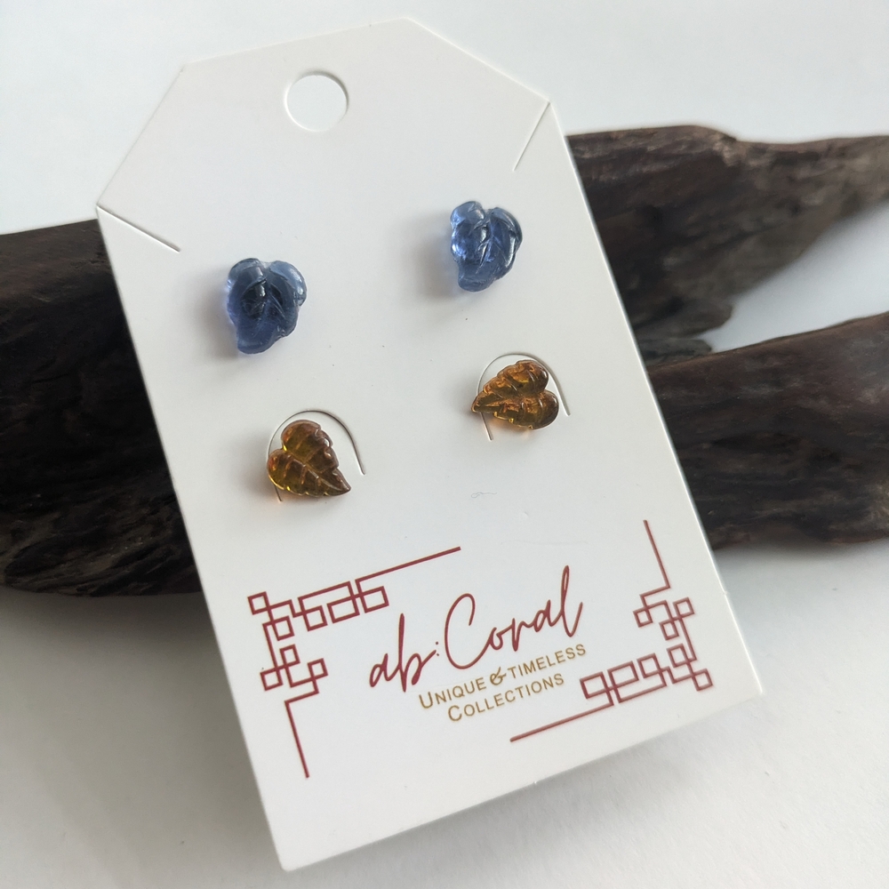 Navy Blue and Golden Yellow Glass Leave Earstuds Set